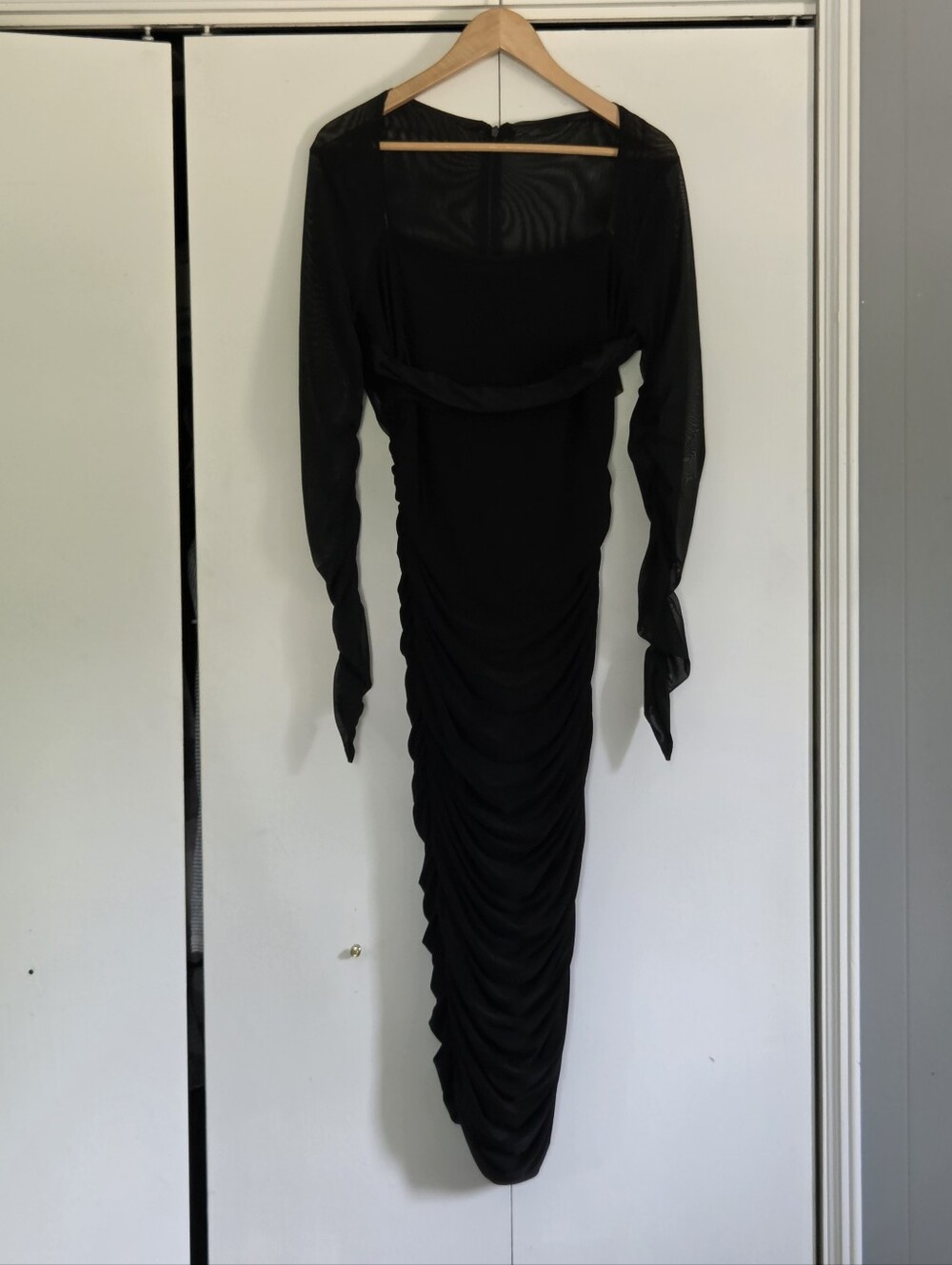 Club London Black Long Sleeve Ruched Sheer Yoke Midi Dress